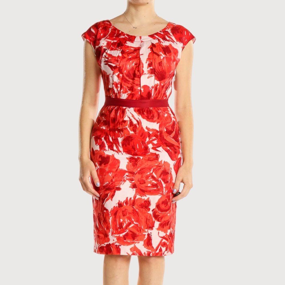 Boden Red White Floral Silk Blend Lined Sheath Dress, Size 8 R